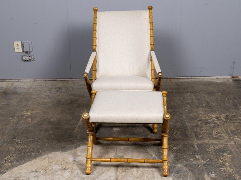 French Faux Bamboo Folding Chair and Ottoman with Iron Straps, Midcentury - Image 3