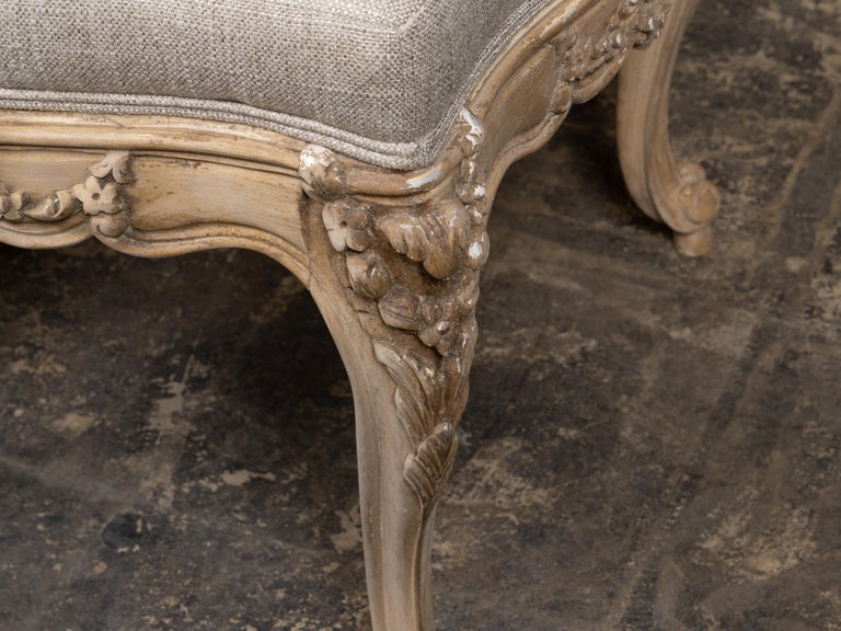 Pair of French 1900s Louis XV Style Painted Footstools with Linen Upholstery - Image 11