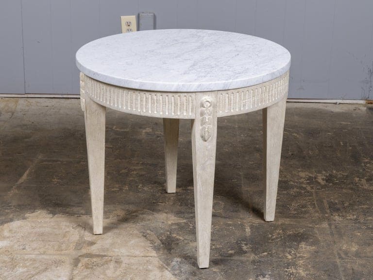 French Louis XVI Style Painted Round Table with Marble Top and Fluted Apron - Image 11