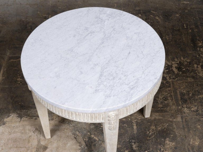 French Louis XVI Style Painted Round Table with Marble Top and Fluted Apron - Image 6