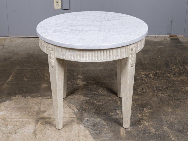 French Louis XVI Style Painted Round Table with Marble Top and Fluted Apron - Image 4