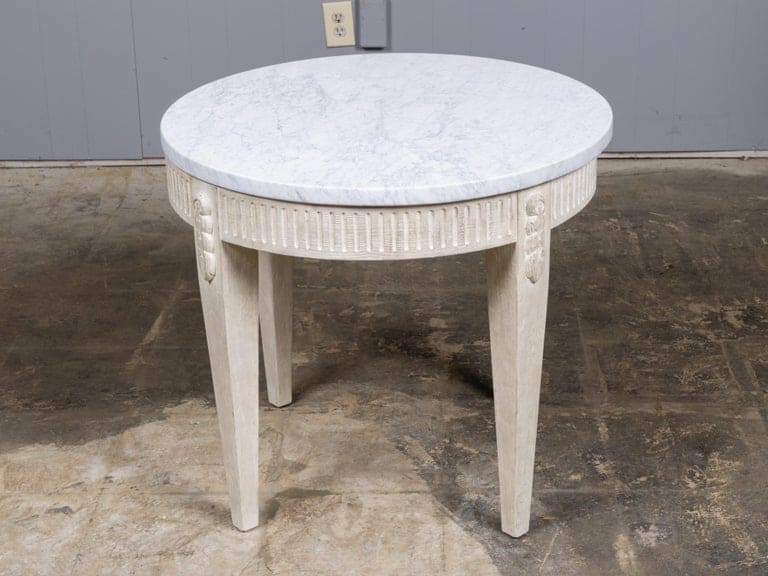 French Louis XVI Style Painted Round Table with Marble Top and Fluted Apron - Image 3