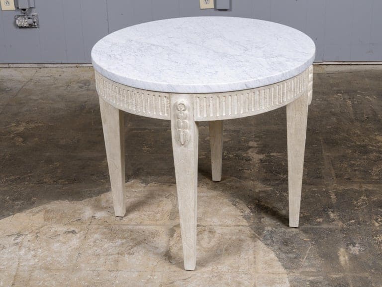 French Louis XVI Style Painted Round Table with Marble Top and Fluted Apron - Image 2