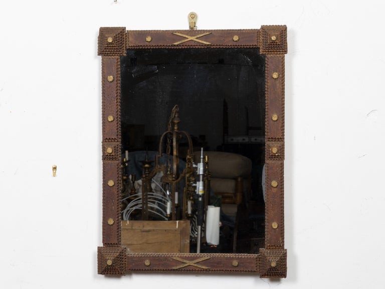 French Circa 1900 Tramp Art Mirror with Gilt Accents and Chip-Carved Frame - Image 11