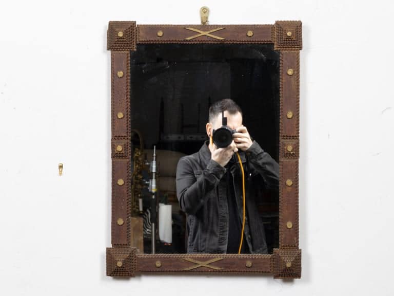 French Circa 1900 Tramp Art Mirror with Gilt Accents and Chip-Carved Frame - Image 10