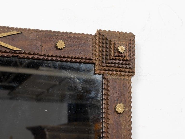 French Circa 1900 Tramp Art Mirror with Gilt Accents and Chip-Carved Frame - Image 9