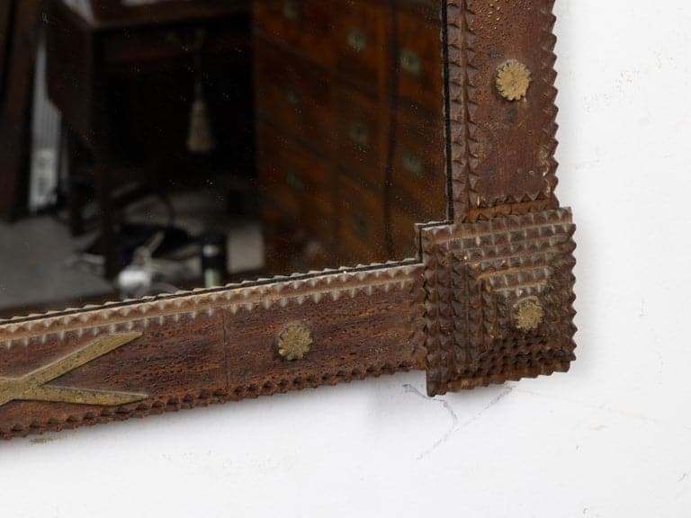 French Circa 1900 Tramp Art Mirror with Gilt Accents and Chip-Carved Frame - Image 8