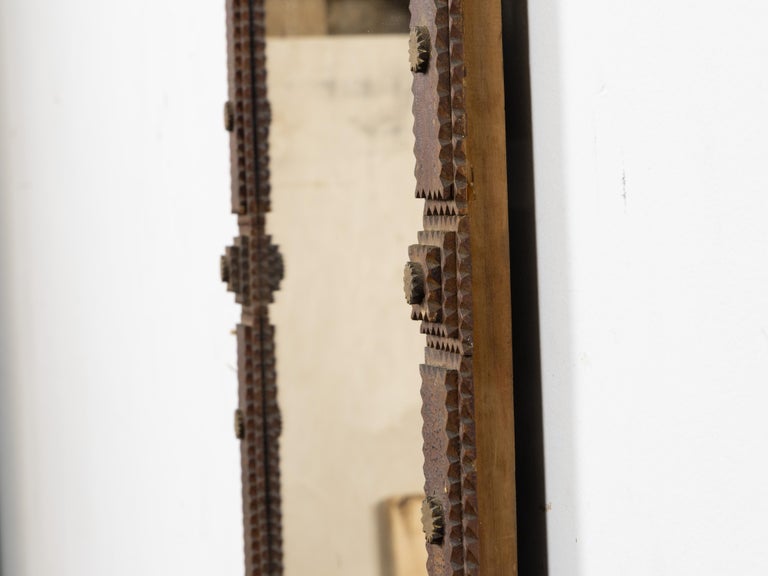 French Circa 1900 Tramp Art Mirror with Gilt Accents and Chip-Carved Frame - Image 3