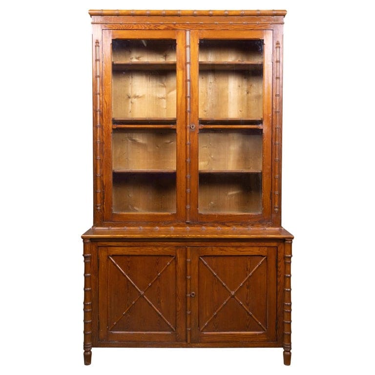 French Faux Bamboo Bookcase Cabinet in Pine, circa 1900