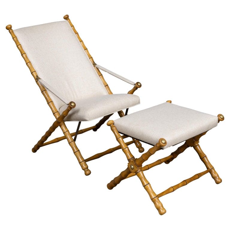 French Faux Bamboo Folding Chair and Ottoman with Iron Straps, Midcentury