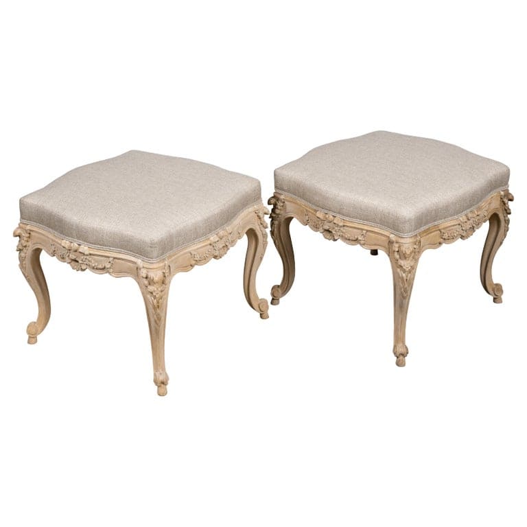 Pair of French 1900s Louis XV Style Painted Footstools with Linen Upholstery