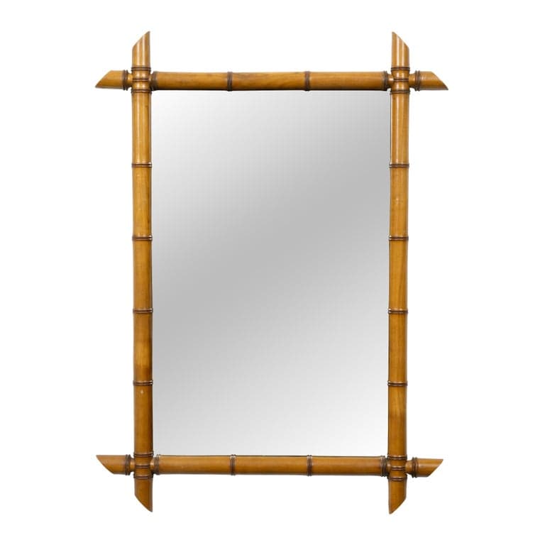 French Faux Bamboo Wall Mirror, Carved Wood, Circa 1900