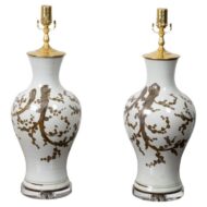 Pair of Asian Porcelain Vase Table Lamps with Brown Décor on Lucite Bases
