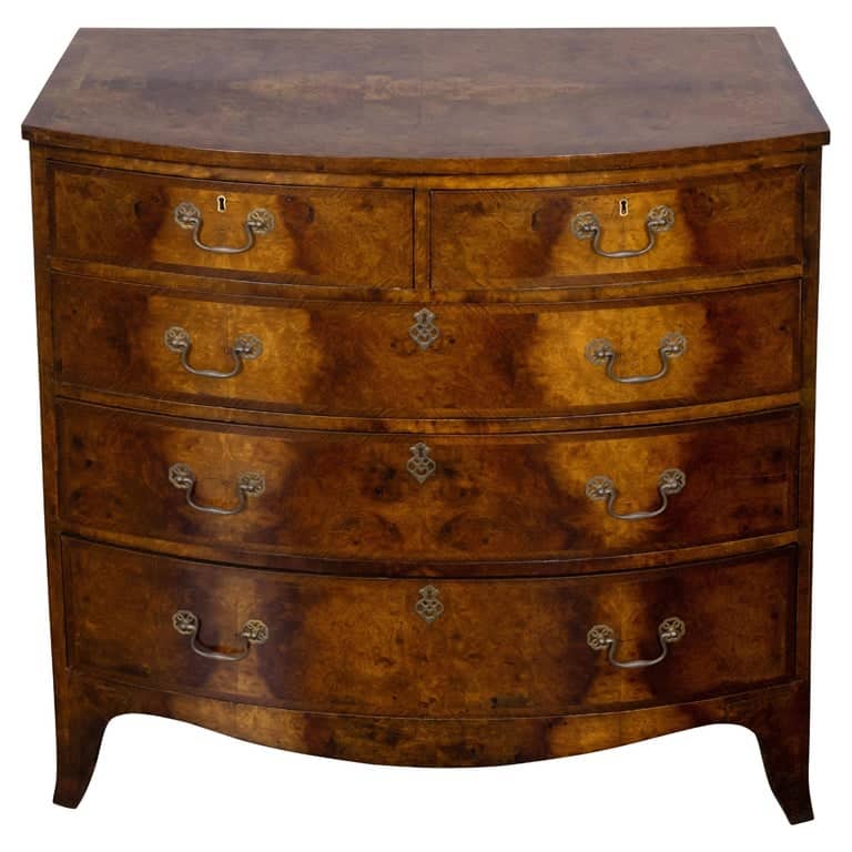 Early 19th Century English Regency Burr Walnut Bow-Front Chest of Drawers