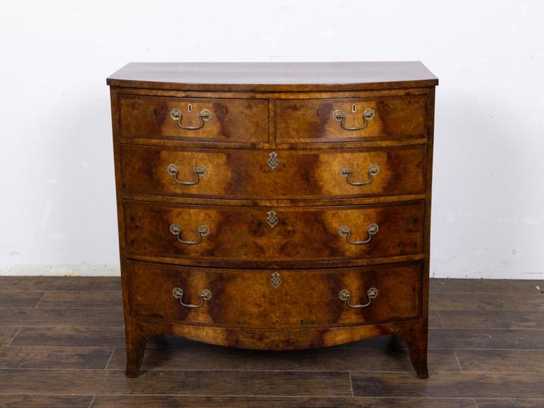 Early 19th Century English Regency Burr Walnut Bow-Front Chest of Drawers - Image 14