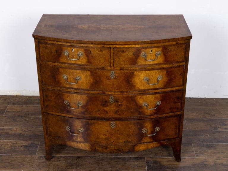 Early 19th Century English Regency Burr Walnut Bow-Front Chest of Drawers - Image 8