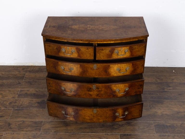Early 19th Century English Regency Burr Walnut Bow-Front Chest of Drawers - Image 7