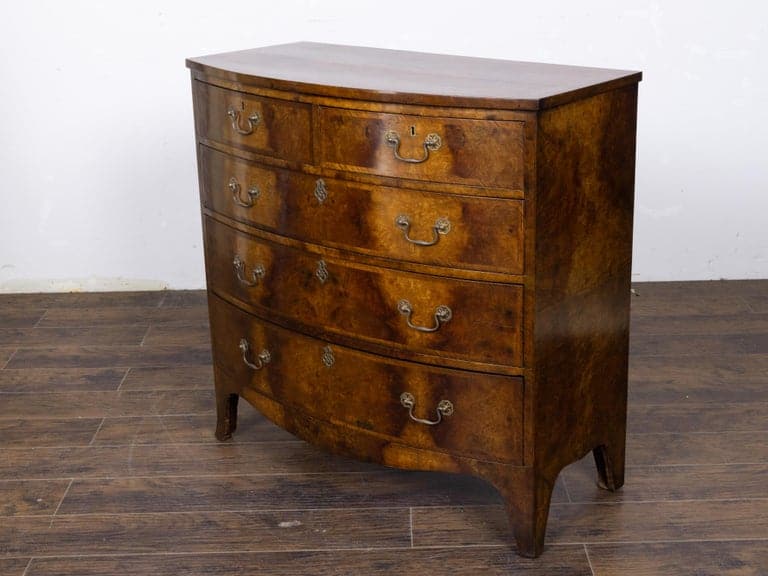 Early 19th Century English Regency Burr Walnut Bow-Front Chest of Drawers - Image 2