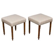 Pair of English Victorian Oak Stools with Linen Upholstery, circa 1880