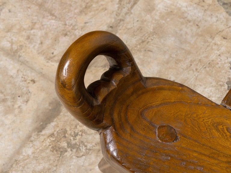 English 19th Century Walnut Folk Low Chair with Three-Legged Base - Image 8