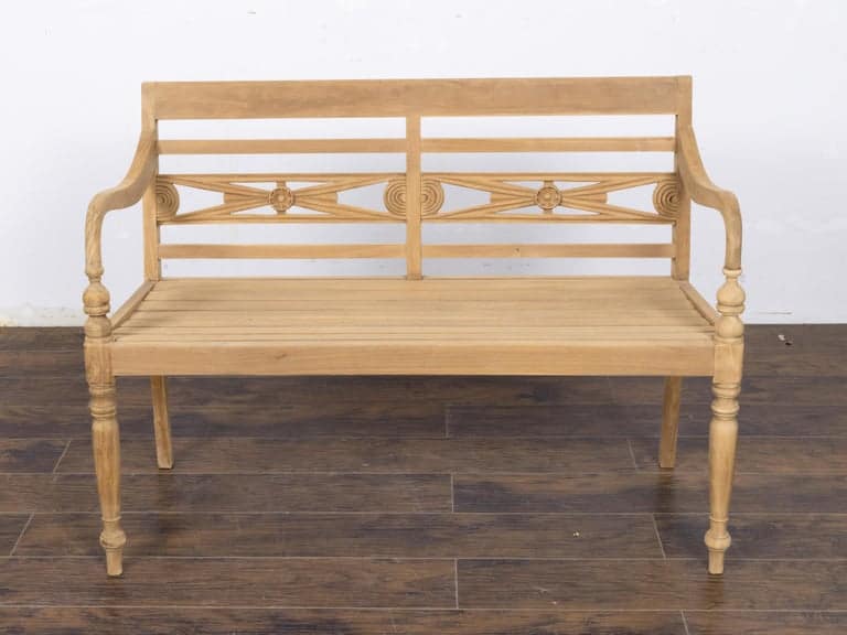 English Midcentury Teak Bench with Carved Rosettes and Slatted Seat - Image 13
