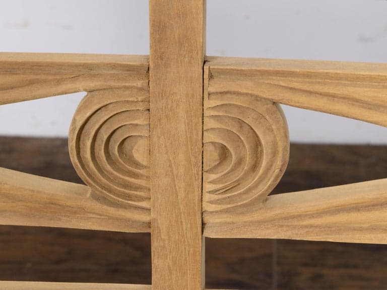 English Midcentury Teak Bench with Carved Rosettes and Slatted Seat - Image 12