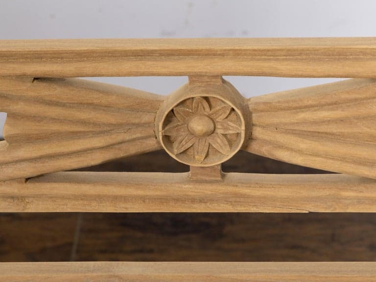 English Midcentury Teak Bench with Carved Rosettes and Slatted Seat - Image 11