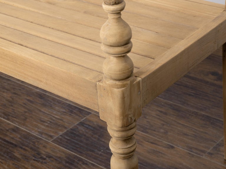 English Midcentury Teak Bench with Carved Rosettes and Slatted Seat - Image 8