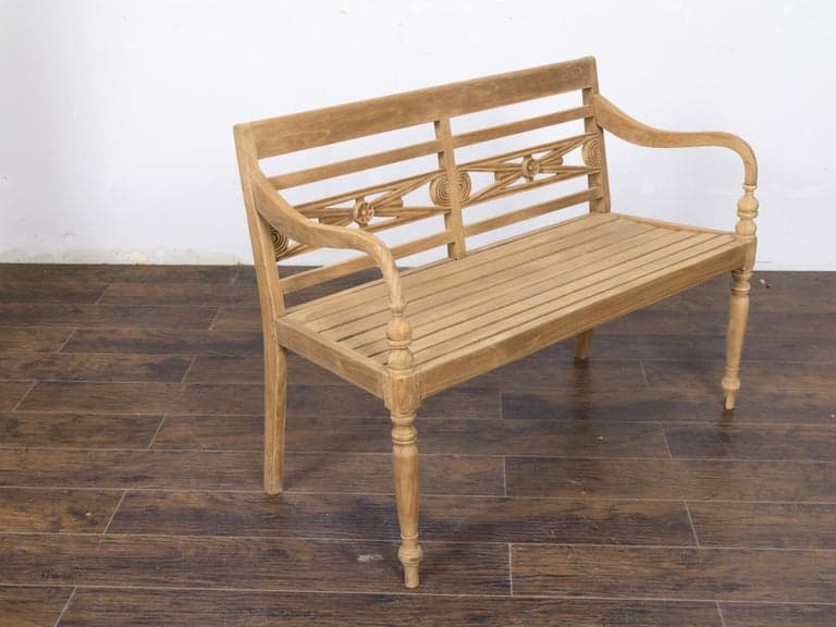 English Midcentury Teak Bench with Carved Rosettes and Slatted Seat - Image 6