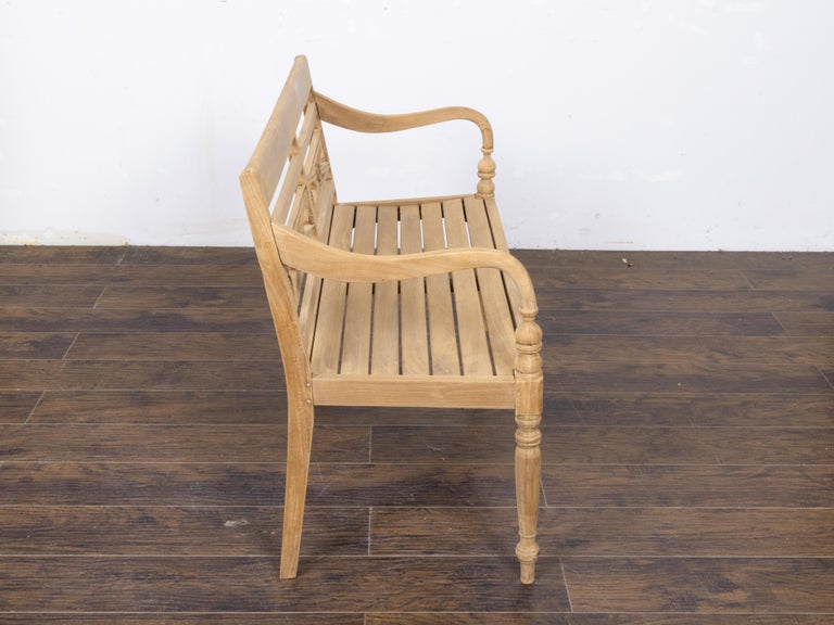 English Midcentury Teak Bench with Carved Rosettes and Slatted Seat - Image 5