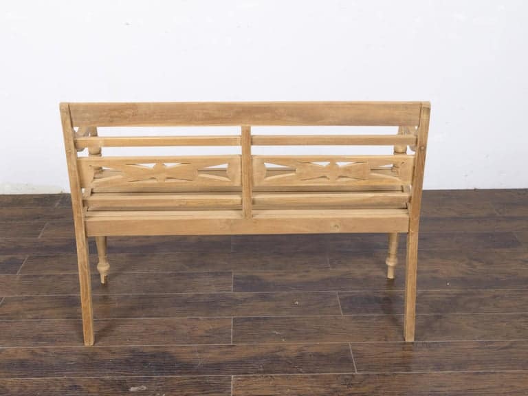 English Midcentury Teak Bench with Carved Rosettes and Slatted Seat - Image 4