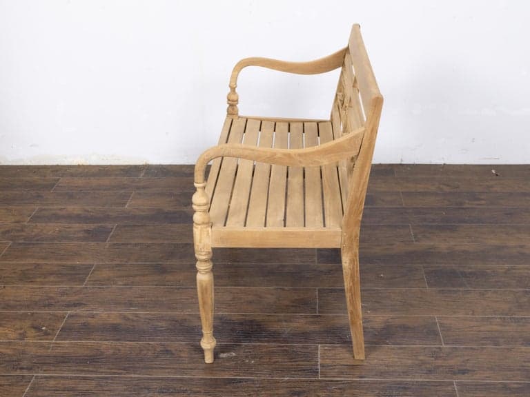 English Midcentury Teak Bench with Carved Rosettes and Slatted Seat - Image 3