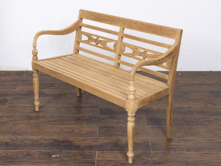 English Midcentury Teak Bench with Carved Rosettes and Slatted Seat - Image 2