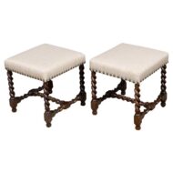 Pair of English 19th Century Oak Barley-Twist Stools with Upholstery