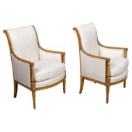 Pair of French Directoire Style Walnut Bergères Chairs, 19th Century